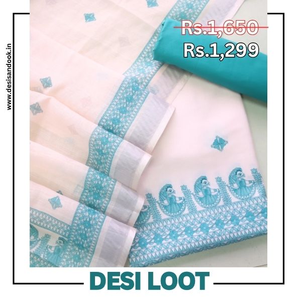Ruaa Cream with Teal Blue Madhubani Printed Tussar Cotton Linen Suit Set
