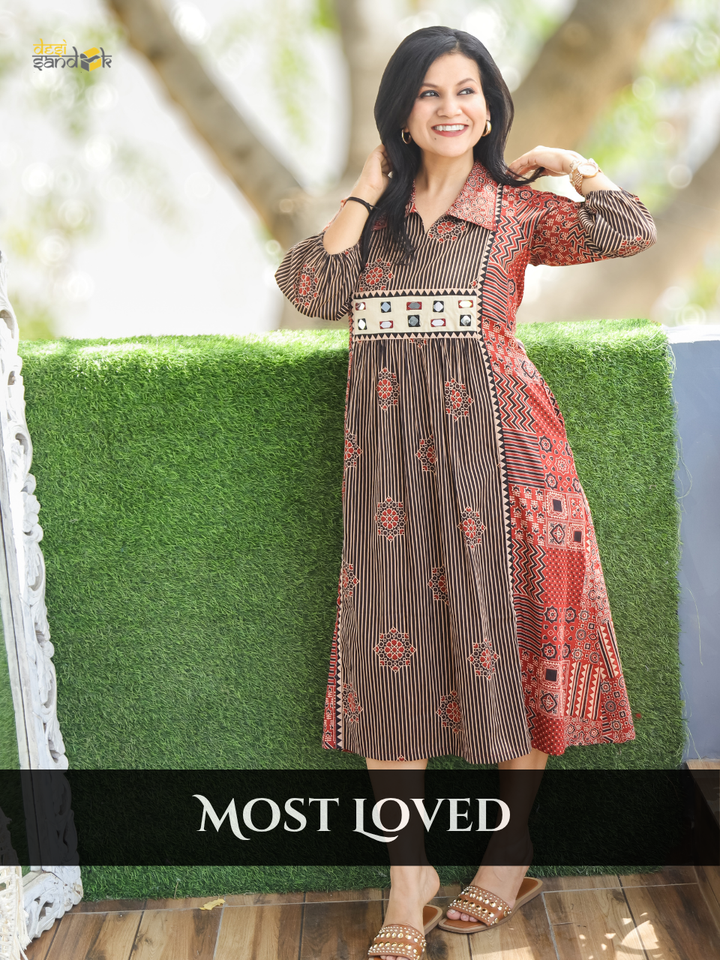 Joe Faded Black Ajrak Printed Cotton Dress
