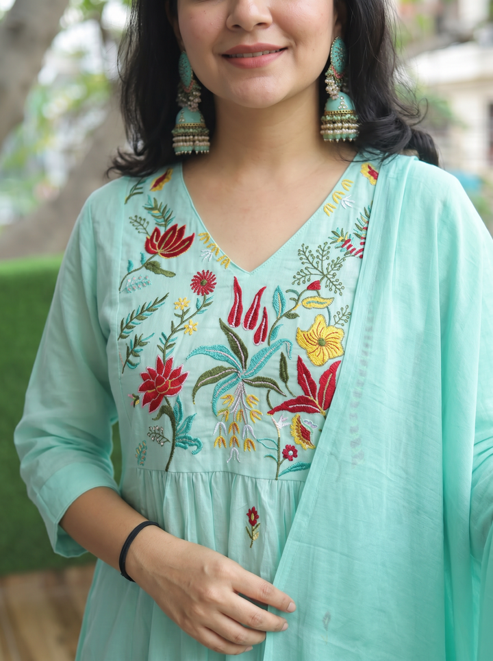 Shiwangi Sea Form Green Embroidered Mul Cotton 3 Piece Set