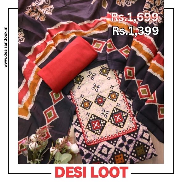Roopdevi Black Batik Print with Thread and Patra Neck Work Cotton Set with Red Bottom