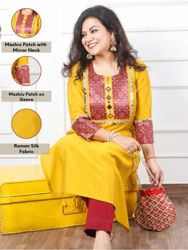 Mayuri Dijon Yellow Mashru Patch Work Neck with Mirror Lace Roman Silk Kurti