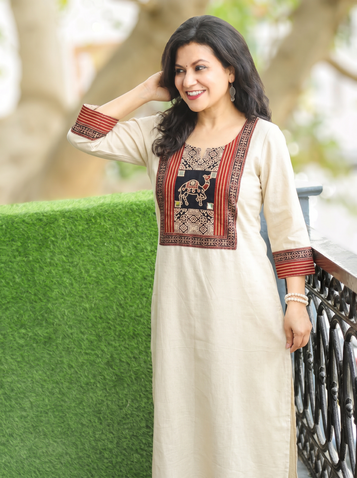 Megha Shwll White Mirror Work Camel Yoke Cotton Kurti