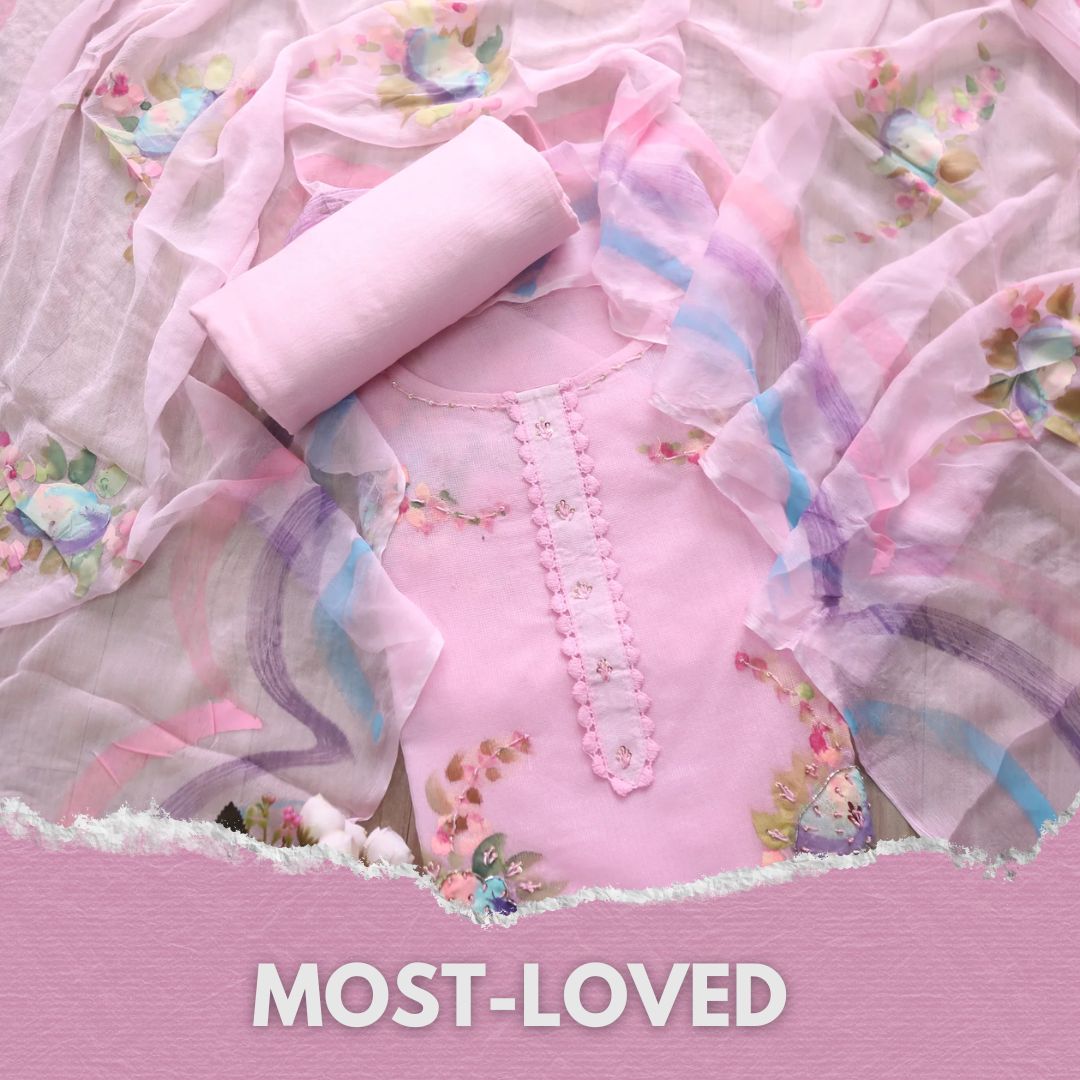 Roobi Baby Pink Floral Printed with Lace Work Neck Kota Net Suit Set