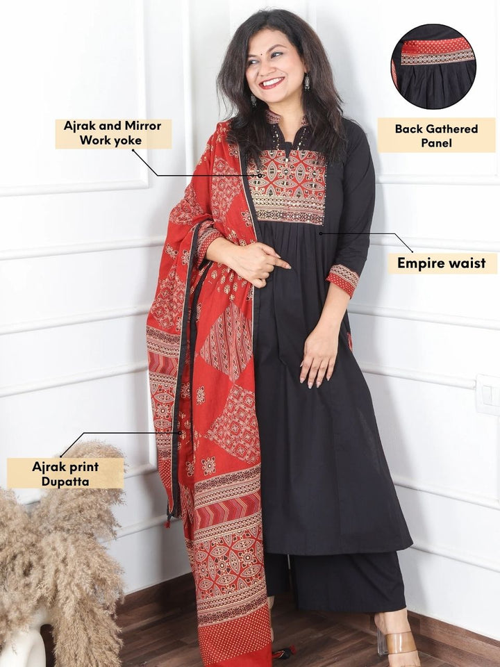 Malikaa Oil Black Front Gathered Panel with Ajrak and Mirror Work Cotton 3 Piece Set
