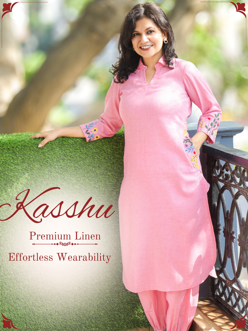 Kaashu Candy Pink Collar Neck Linen 2 Piece Set