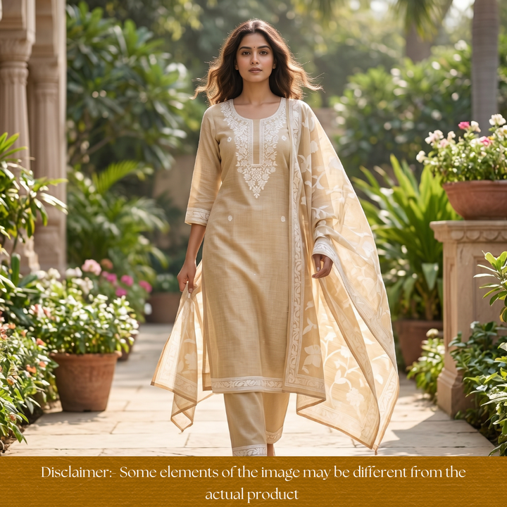 Rubina Peanut Yellow Authentic Jamdani Weaved Neck Chanderi Set