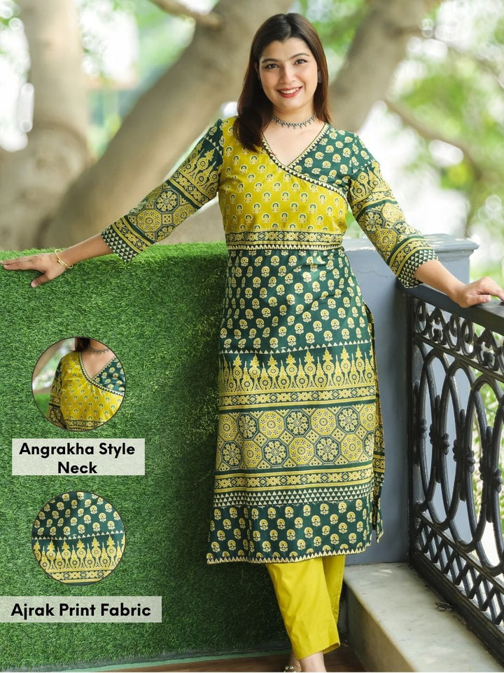 Shaniya Sacramneto Green Angrakha Style Neck in Ajrak Printed Cotton Kurti-D2