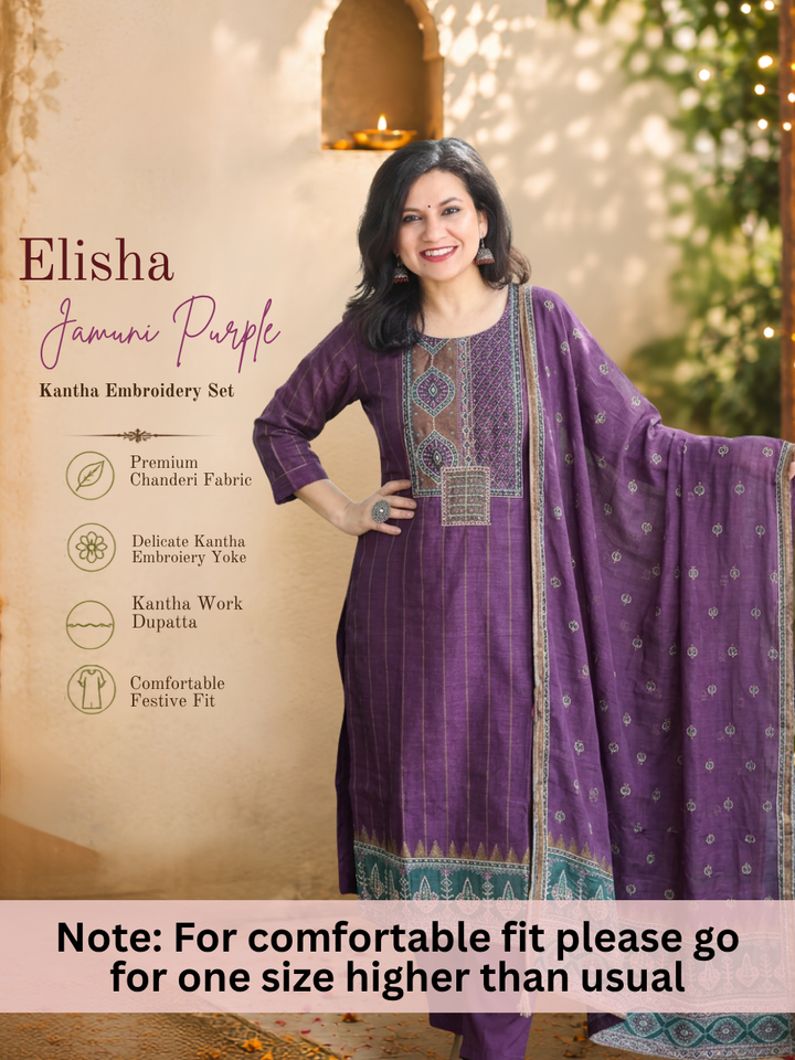 Elisha Jamuni Purple Kantha Embroidered Chanderi 3 Piece Set