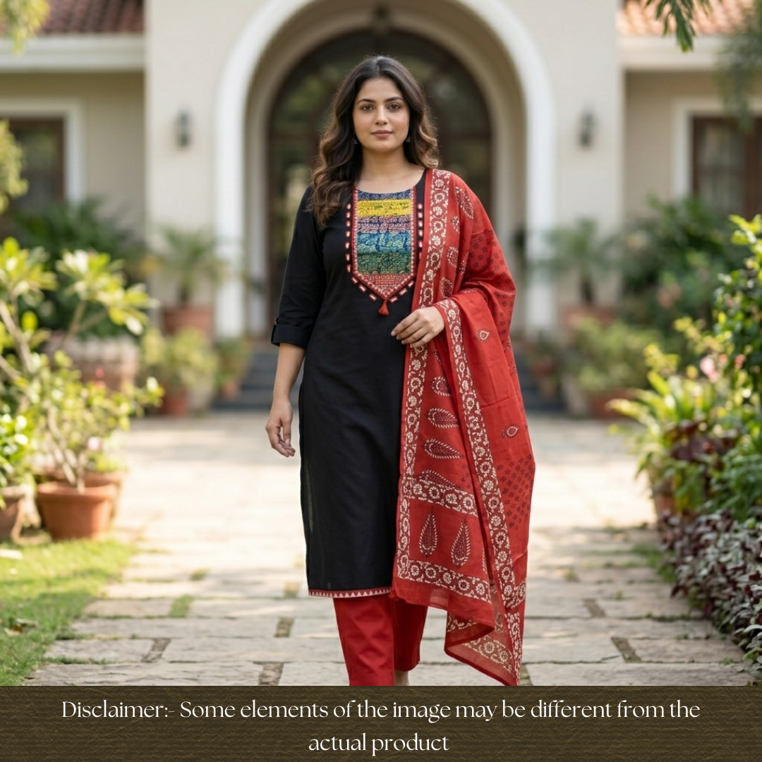 Saheli Ebony Black Mirror With Printed Yoke Cotton Set
