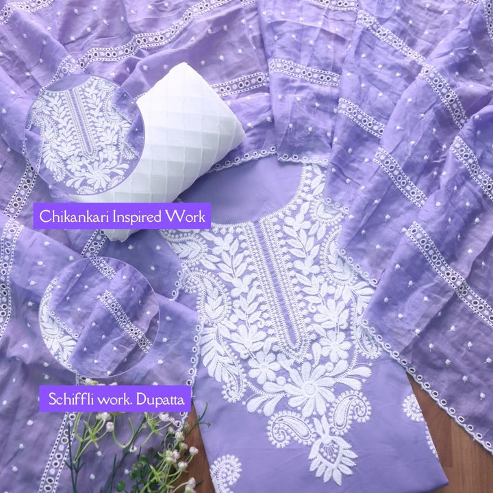 Suroor Pantone Lilac Chikankari Inspired Neck Thread Work Cotton Suit Set