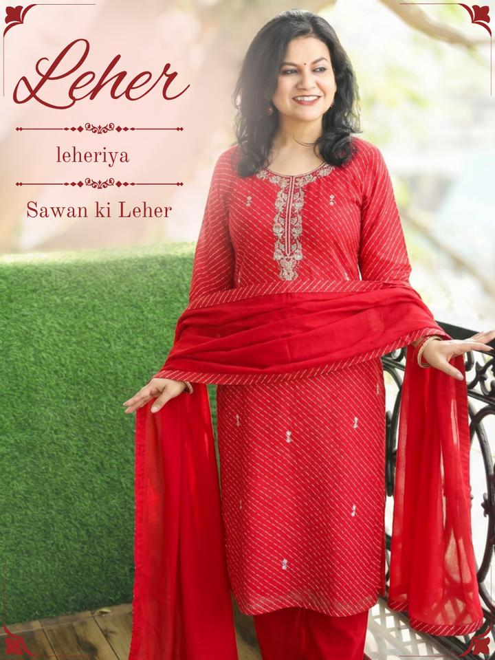 Leher Rani Red Embellished Leheriya Georgette 3 Piece Set