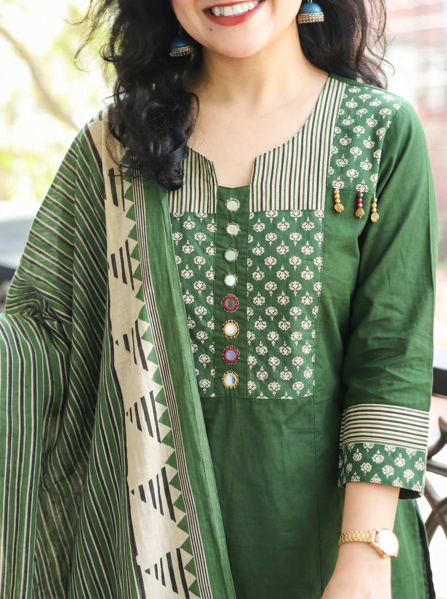 Jessica Sage Green Mirror Yoke Cotton 3 Piece Set