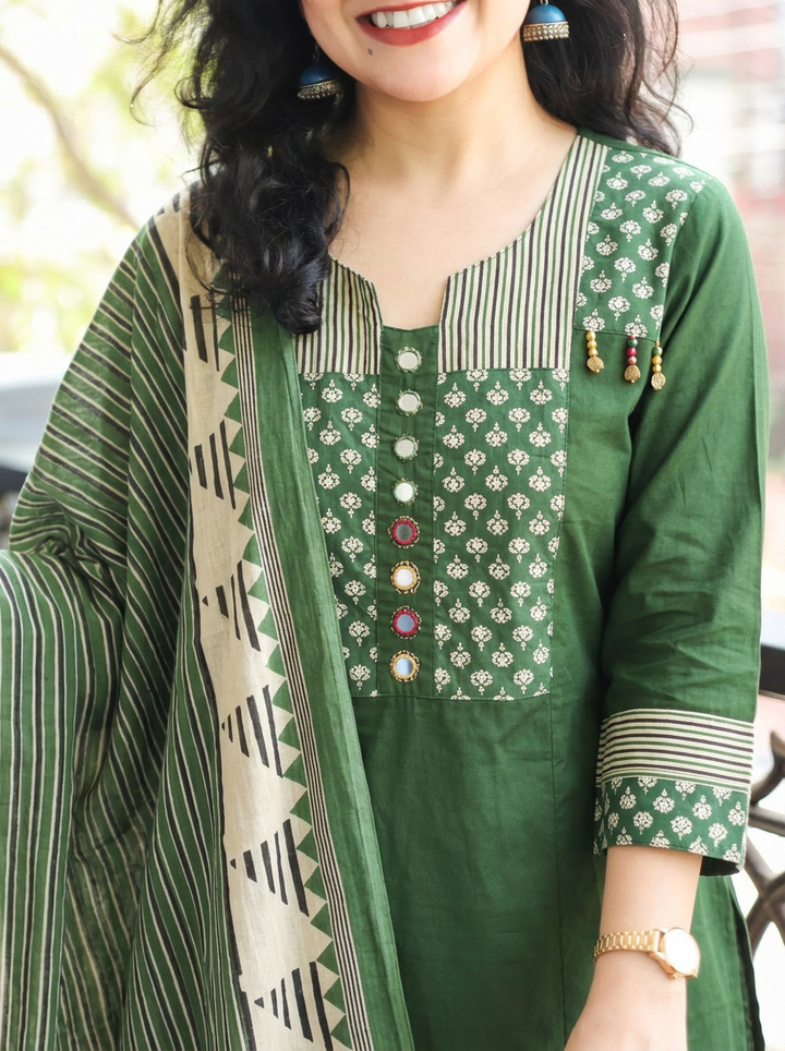Jessica Sage Green Mirror Yoke Cotton 3 Piece Set