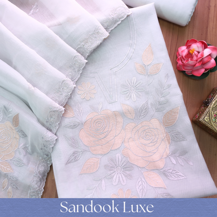 Maria Powder Blue Embroidery and Zari Mul Chanderi Set