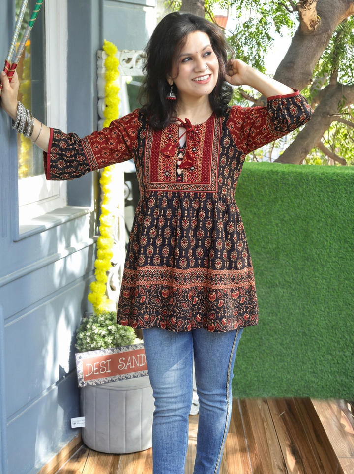 Damini Ebony Black Kutch Yoke Ajrak Print Peplum Short Cotton Kurti
