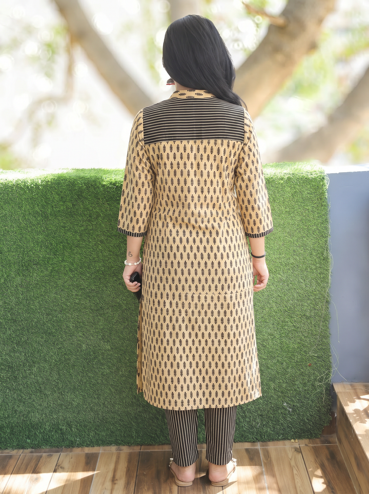 Raina Beige Black Button Down Ajrak Cotton Kurti