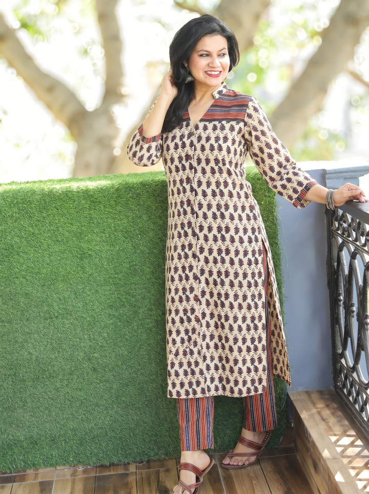 Raina Sand Beige Button Down Ajrak Cotton Kurti