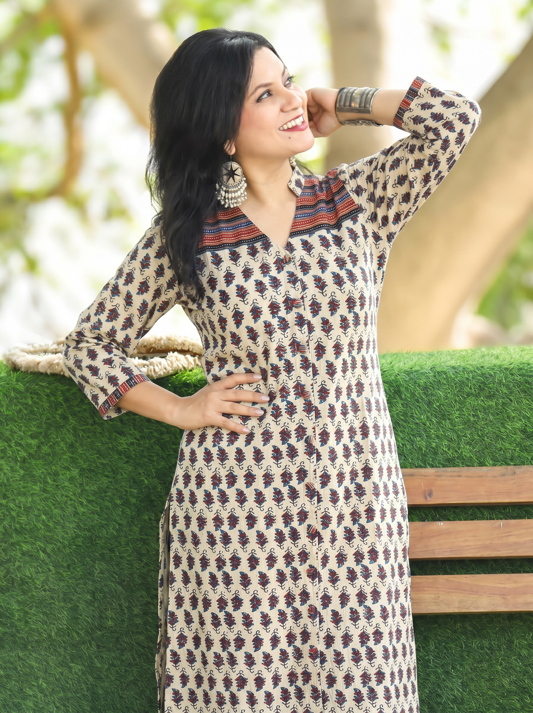 Raina Sand Beige Button Down Ajrak Cotton Kurti