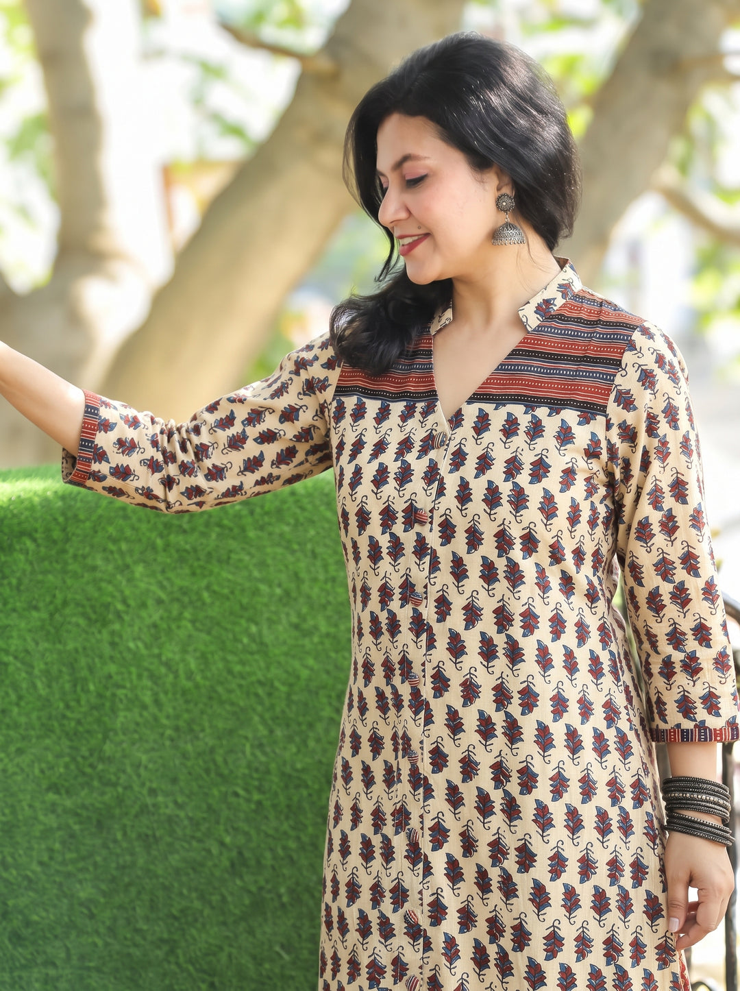Raina Sand Beige Button Down Ajrak Cotton Kurti