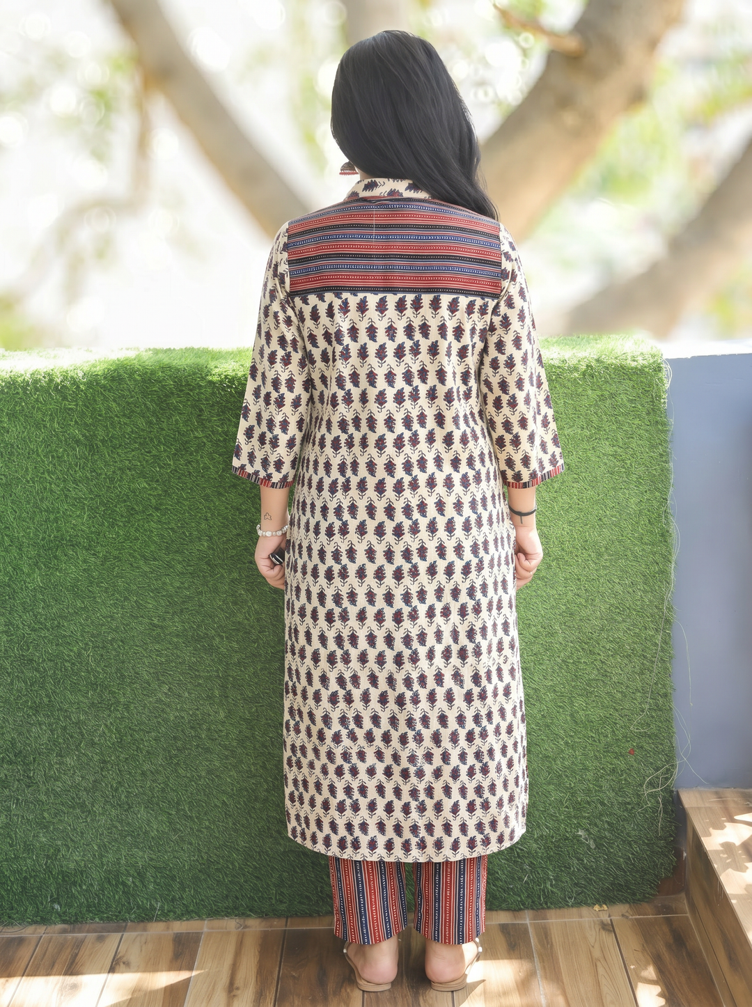 Raina Sand Beige Button Down Ajrak Cotton Kurti