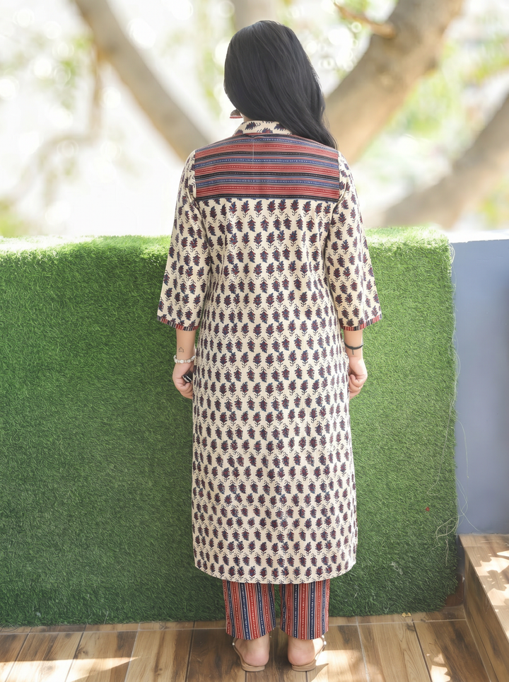 Raina Sand Beige Button Down Ajrak Cotton Kurti