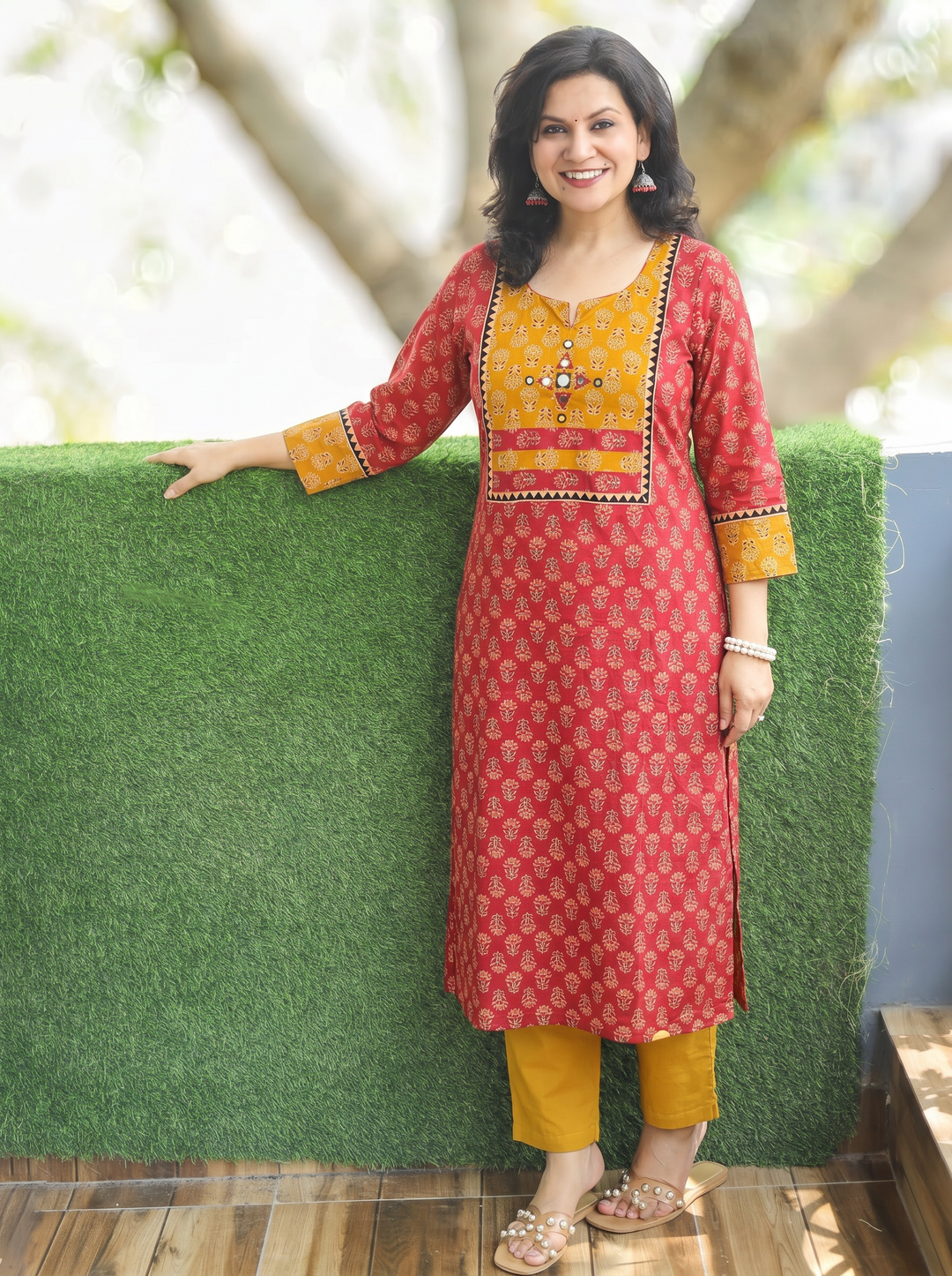 Radhika Apple Red Mirror Yoke Ajrakh Printed Cotton Kurti
