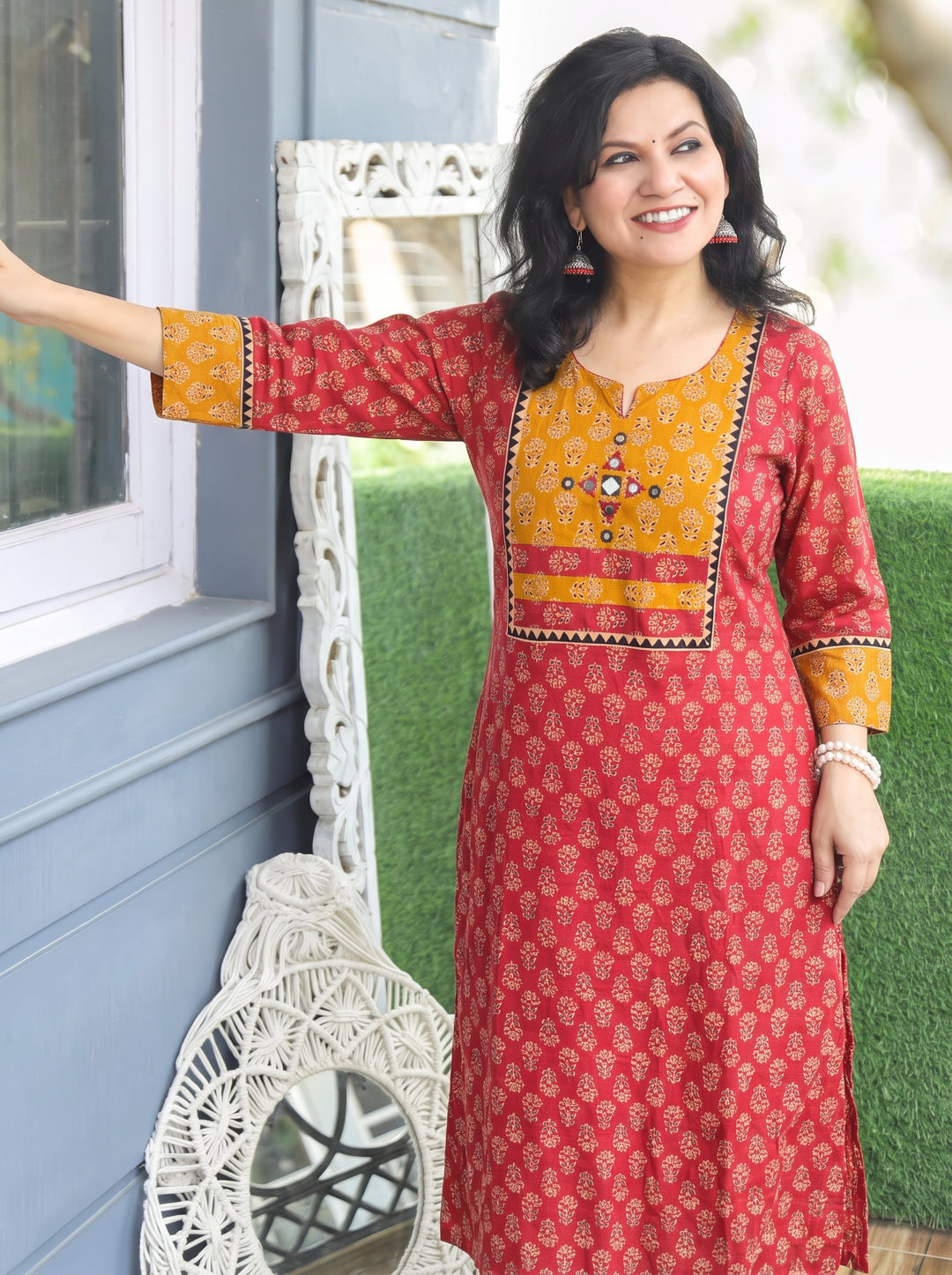 Radhika Apple Red Mirror Yoke Ajrakh Printed Cotton Kurti