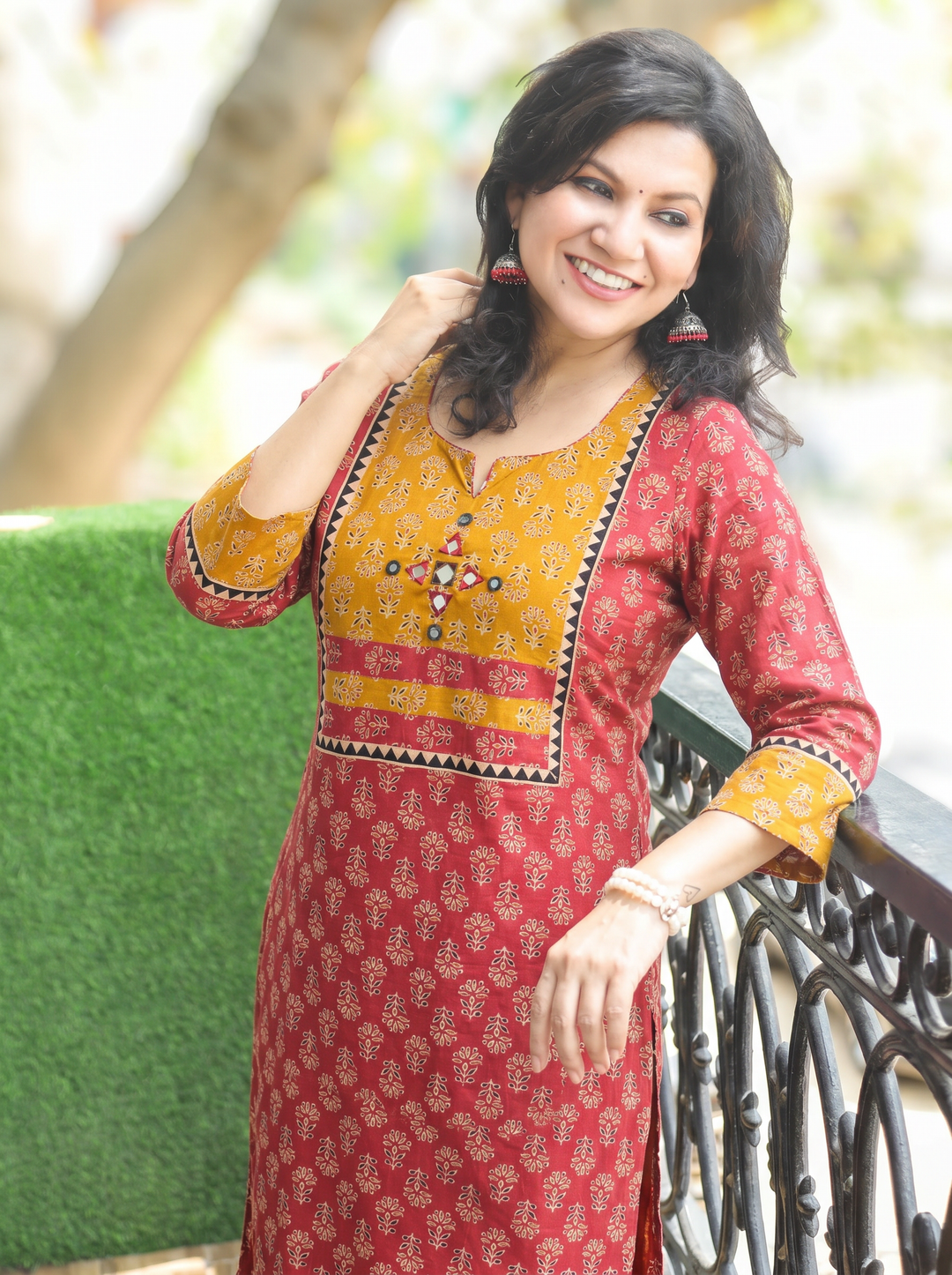 Radhika Apple Red Mirror Yoke Ajrakh Printed Cotton Kurti