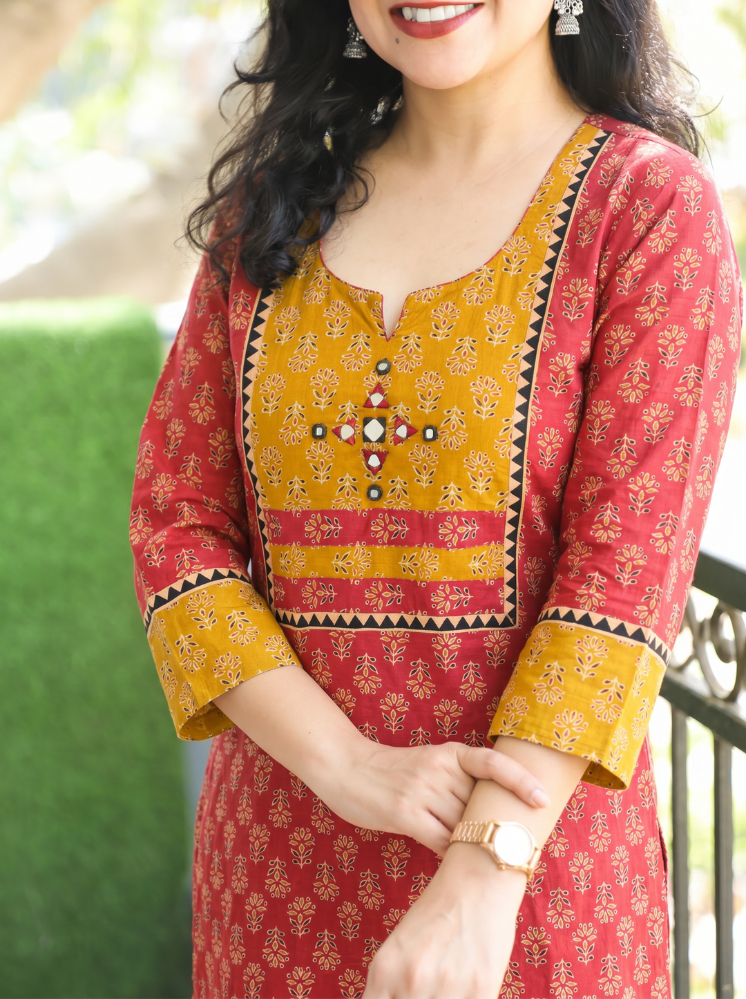Radhika Apple Red Mirror Yoke Ajrakh Printed Cotton Kurti