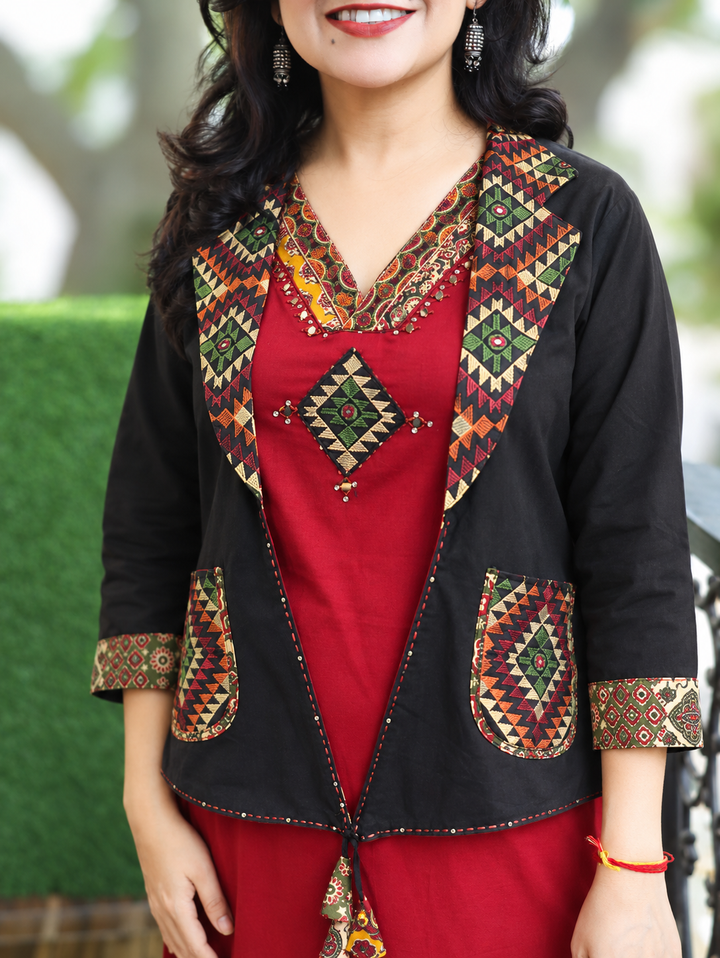 Kavish Berry Red Embroidered Cotton Blazer Set