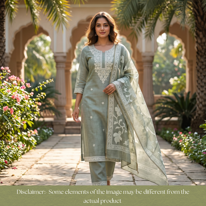 Rubina Ice Blue Authentic Jamdani Weaved Neck Chanderi Set