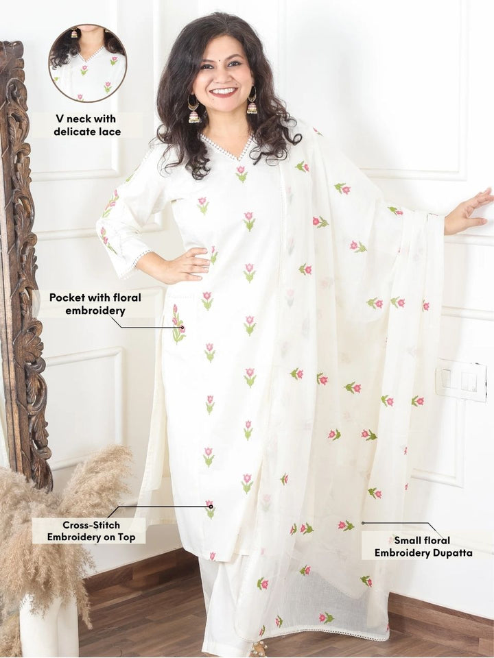 Haseena White V Neck in All Over Cross-Stitch Embroidery in Panel Style Cotton 3 Piece Set