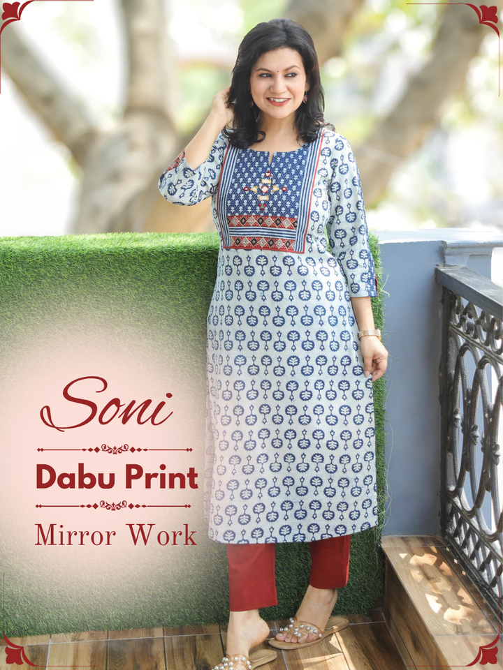 Soni Ice Blue Bel Buti Dabu Printed Cotton Kurti