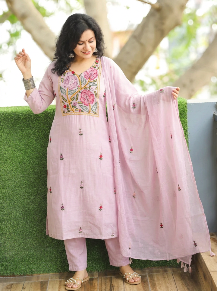 Navira Soft Lilac Kolkata Hand Embroidered 3 Piece Set