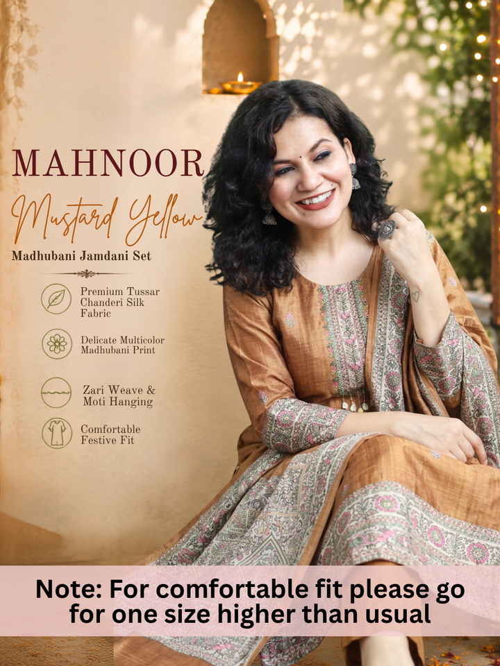 Mahnoor Mustard Yellow Madhubani Tussar Chanderi Silk 3 Piece Set
