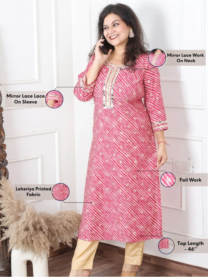 Anika Cranberry Pink Round Neck with Mirror Lace and Foil Work Leheriya Modal Kurti