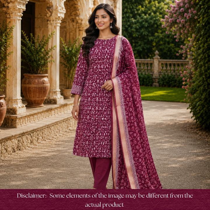 Anaya Berry Purple Warli Printed in Mangalgiri Hem Work Cotton Set