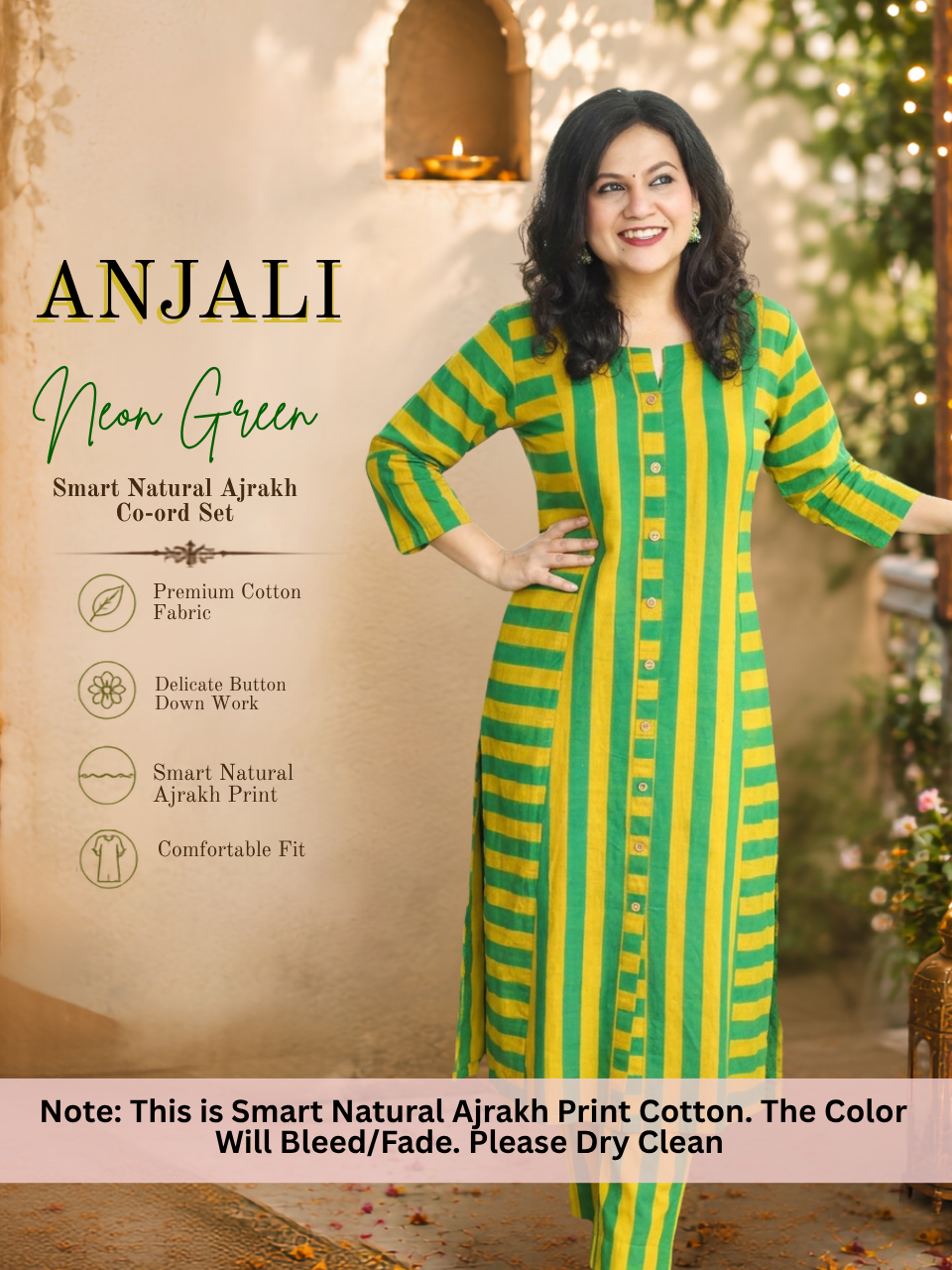 Anjali Neon Green Natural Ajrakh Print Button Down Panel 2 Piece Set