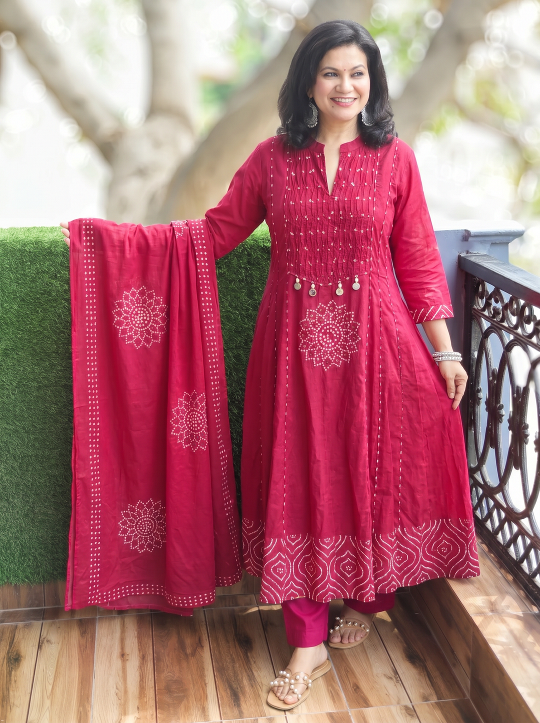 Tanishka Maroon Wine Pintuck Bandani Cotton 3 Piece Set