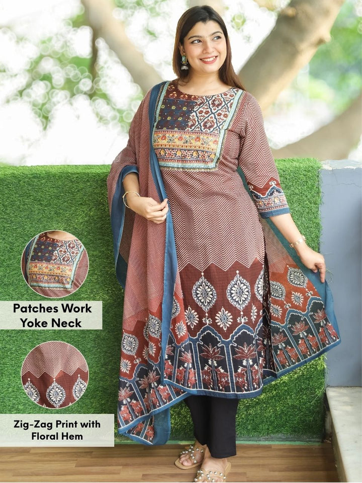 Gamini Barn Red Patches Yoke Neck with Zig-Zag Print with Floral Hem Cotton 3 Piece Set