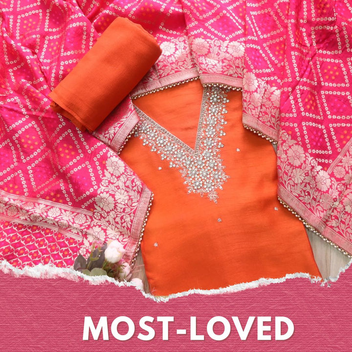 Mohataaz Bright Orange V Embellished Neck Work Dola Silk Suit Set