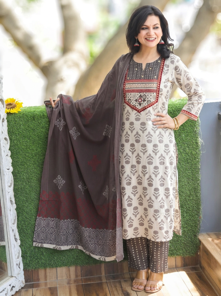 Muskaan Beige Latte Dabu Printed 3 Piece Set