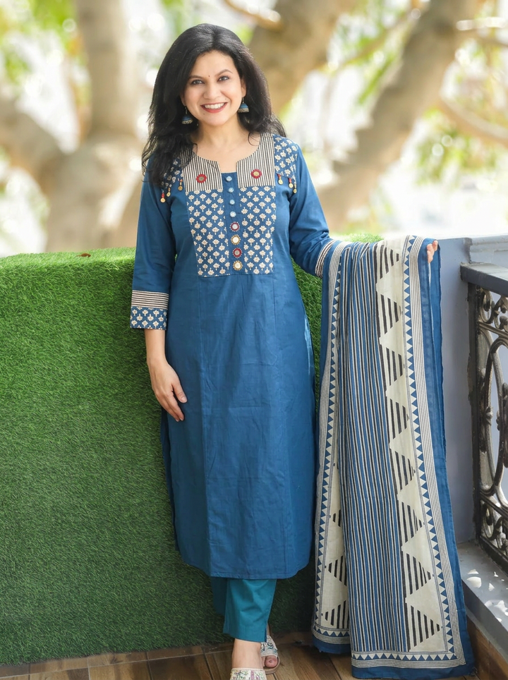 Jessica Sapphire Blue Mirror Yoke Cotton 3 Piece Set