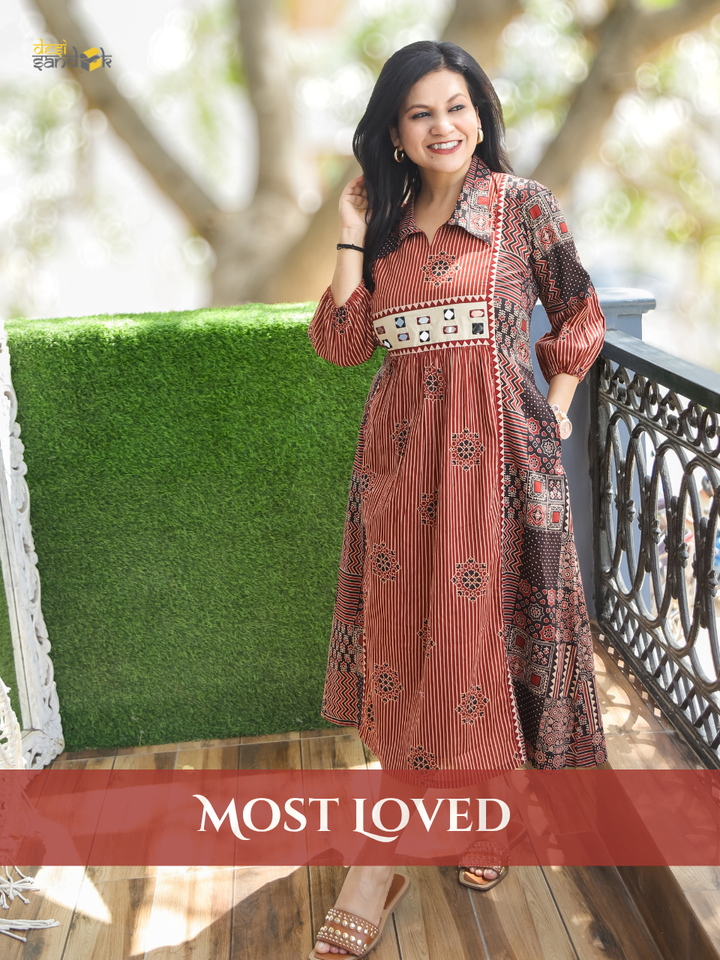 Joe Maroon Red Ajrak Printed Cotton Dress