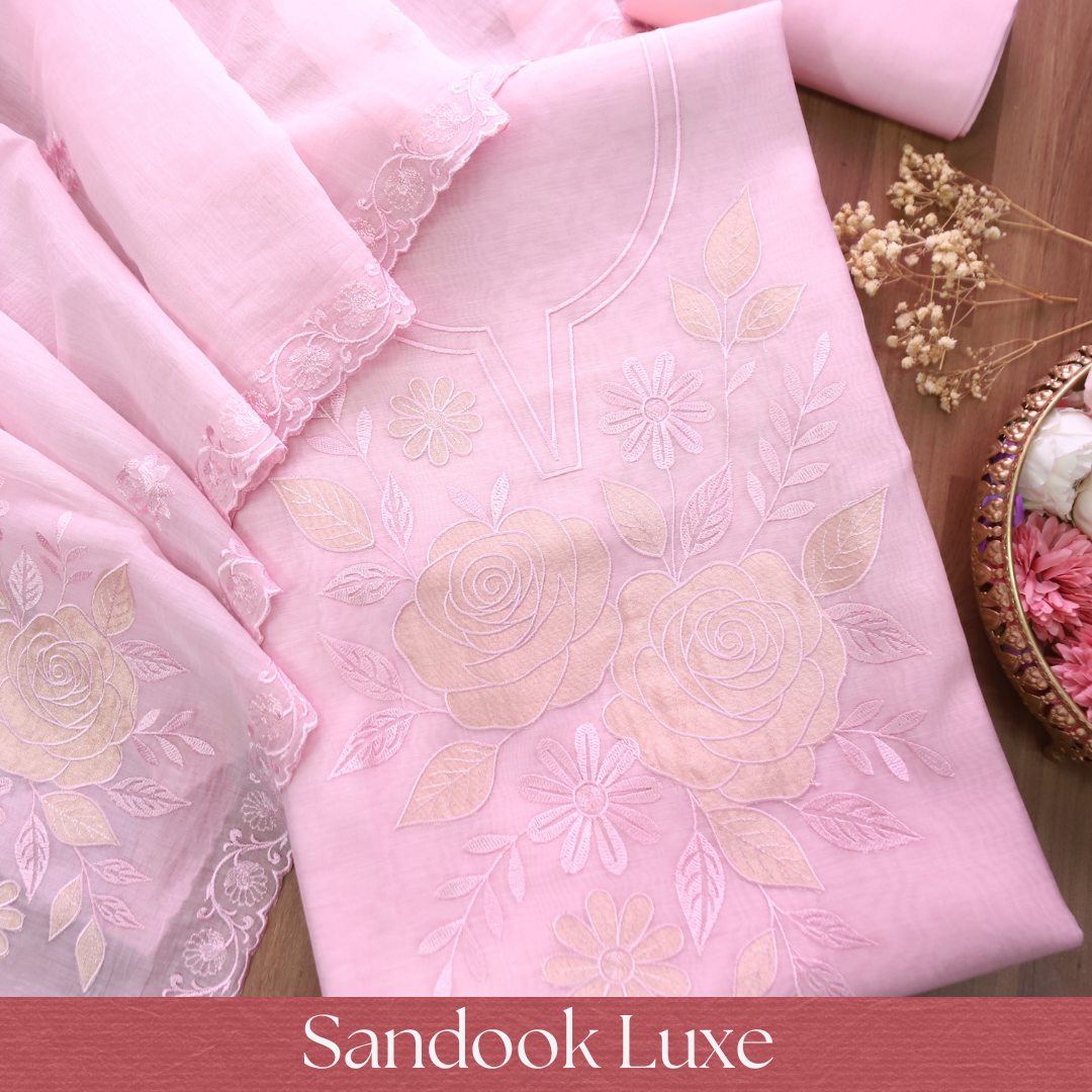 Maria Candy Pink Embroidery and Zari Mul Chanderi Set