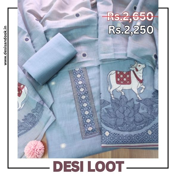 Svroop Steel Blue Pichwai Authentic Jamdani Weaved Hem Chanderi Suit Set