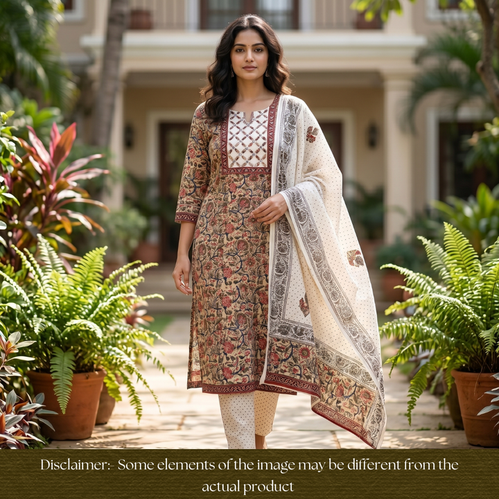 Khushi Green Kalamkari Printed Applique Yoke Cotton Set