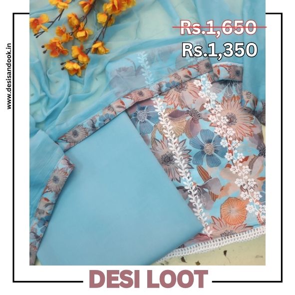 Madhubala Cerulean Blue Thread Embroidered Work Cotton Suit Set