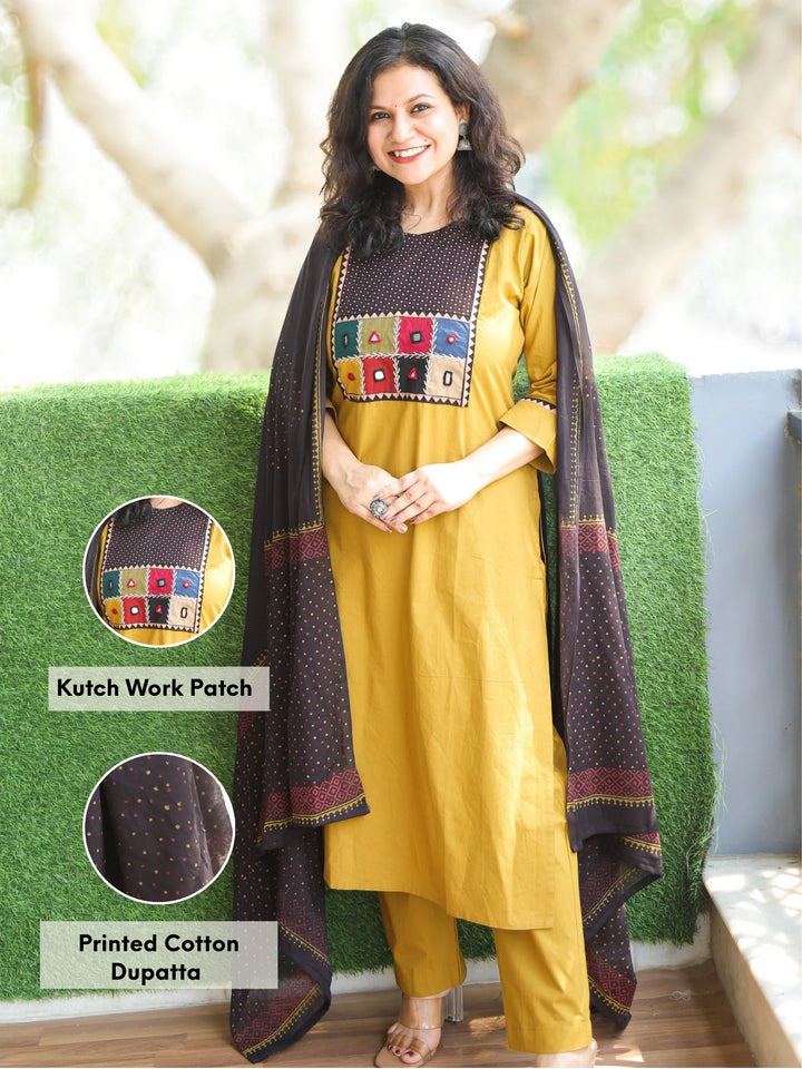 Chanda Dijon Yellow Kutch Fusion Neck Patch Work Cotton 3 Piece Set