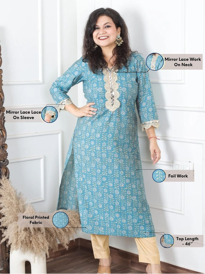 Sohni Turq Teal V Neck with Embellish Mirror Lace and Foil Work Printed Modal Kurti